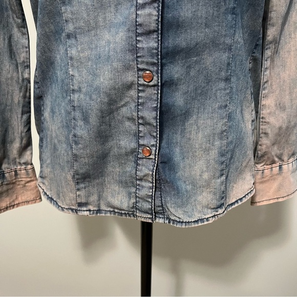 Sandwich Bleached Denim Long Sleeve Snap Front Shirt - Picture 5 of 16